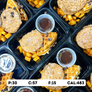 Vanilla Protein Waffles with Dark Chocolate Chips, Turkey Sausage Maple & Cubed Potatoes