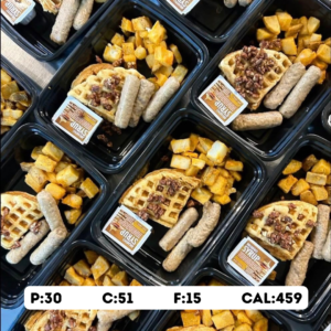 Pumpkin Spiced Vanilla Protein Waffle with Pecans, Turkey Links & Potatoes